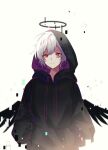  1boy :| barcode barcode_tattoo black_jacket black_wings closed_mouth cowboy_shot drawstring facial_tattoo grey_hair hair_between_eyes halo hands_in_pockets highres hood hooded_jacket indie_utaite jacket long_hair long_sleeves low_wings mafumafu male_focus purple_jacket red_eyes ritzchrono short_hair sidelocks simple_background smile solo straight-on tattoo two-sided_fabric two-sided_jacket white_background wings 