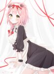  1girl :o animal_ears apron arknights arm_support black_dress bow braid cat_ears cat_girl cat_tail collared_dress commentary_request curtains dress flower frilled_apron frilled_dress frills goldenglow_(arknights) hair_bow hair_flower hair_ornament hair_over_shoulder highres long_hair long_sleeves looking_at_viewer looking_to_the_side nishimiya_aki orange_eyes parted_lips petals pink_hair puffy_long_sleeves puffy_sleeves red_bow single_braid solo tail white_apron white_flower 