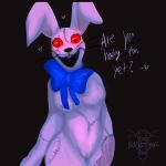  anthro bent_ears black_background blue_bow_tie bonezteeth bow clothing costume female five_nights_at_freddy&#039;s floppy_ears fur fursuit genitals lagomorph leporid mammal nipples nipples_through_clothes open_mouth open_smile patch_(fabric) pink_body pink_fur pussy rabbit scottgames simple_background smile solo stiches suit teeth_visible vanny_(fnaf) video_games white_body white_fur 