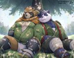  2022 anthro asian_clothing brown_body canid canine clothing detailed_background duo east_asian_clothing eyes_closed footwear fundoshi giant_panda gyobu hi_res japanese_clothing kemono lifewonders male mammal mav_(deadly_kiten) outside overweight overweight_male ponzu_tas raccoon_dog sandals scar sitting tanuki tokyo_afterschool_summoners underwear ursid video_games white_body white_clothing white_fundoshi white_underwear 