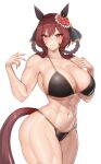  1girl abs absurdres alternate_costume animal_ears bare_shoulders bikini black_bikini blush braided_hair_rings breasts brown_hair cleavage commentary_request cowboy_shot ear_covers ear_ornament gentildonna_(umamusume) hatch_(hatch24601) highres horse_ears horse_girl horse_tail large_breasts medium_hair muscular muscular_female navel simple_background solo sweat swimsuit tail thighs umamusume white_background 