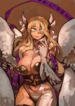  33dot angel angel_wings angewomon armor bare_shoulders belt blue_eyes breastplate breasts brown_background cleavage clothing_cutout digimoji digimon english_commentary feathered_wings head_wings highres hip_vent large_breasts leg_belt looking_at_viewer looking_up navel no_headwear o-ring purple_ribbon ribbon stomach_cutout translation_request wings 