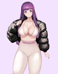  1girl black_jacket blunt_bangs bra breasts clothes_writing commentary cowboy_shot fern_(sousou_no_frieren) jacket large_breasts leggings long_hair long_sleeves meziosaur open_clothes open_jacket pants purple_eyes purple_hair solo sousou_no_frieren standing thighs underwear very_long_hair white_bra white_pants 