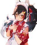  animal_ear_fluff animal_ears apron bangs black-framed_eyewear black_collar black_hair collar cowboy_shot flipped_hair floral_print glasses hair_between_eyes hair_ornament hair_ribbon hairclip high_ponytail hololive izumi_sai japanese_clothes kimono long_hair maid_headdress multicolored_hair ookami_mio ponytail print_kimono red_hair red_kimono ribbon round_eyewear simple_background sleeves_rolled_up spiked_hair streaked_hair very_long_hair virtual_youtuber wa_maid waist_apron white_apron white_background white_hair wolf_ears wolf_girl wrist_cuffs yellow_eyes 