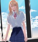  1girl absurdres blonde_hair cloud collared_shirt commentary_request day hair_between_eyes highres hirako_daishougun long_hair looking_at_viewer neck_ribbon original parted_lips plaid plaid_skirt pleated_skirt red_ribbon ribbon shirt shirt_tucked_in short_sleeves sitting skirt sky solo unmoving_pattern white_shirt yellow_eyes 