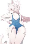  1girl absurdres akira_(blue_archive) alternate_costume animal_ear_fluff animal_ears ass back blue_archive breasts cat_ears cat_tail danbal from_behind halo hand_on_own_ass hand_up highres looking_at_viewer looking_back lying on_stomach one-piece_swimsuit pale_skin pink_halo sideboob swimsuit tail tail_under_clothes white_background white_hair 