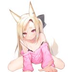  1girl animal_ears blonde_hair blush earrings fox_ears fox_tail highres jewelry kneeling long_hair looking_at_viewer nekomu off_shoulder original red_eyes smile solo tail thick_eyebrows white_background 