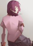  1girl absurdres artist_name bakemonogatari black_thighhighs blue_eyes braid closed_mouth highres juliet_sleeves kkheicho long_hair long_sleeves looking_at_viewer looking_back monogatari_(series) naoetsu_high_school_uniform pink_shirt pleated_skirt puffy_sleeves purple_hair purple_skirt school_uniform senjougahara_hitagi shirt simple_background skirt solo thighhighs 