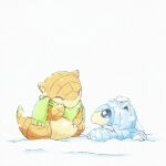  alolan_sandshrew animal_focus blue_eyes claws closed_mouth commentary_request green_scarf highres kinakomochi_(kazuna922) looking_at_another no_humans pokemon pokemon_(creature) sandshrew scarf snow 