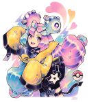  1girl artist_name blue_hair bow-shaped_hair caomor commentary heart highres iono_(pokemon) long_hair looking_at_viewer multicolored_hair open_mouth pink_hair poke_ball poke_ball_(basic) pokemon pokemon_sv sharp_teeth simple_background single_leg_pantyhose sleeves_past_fingers sleeves_past_wrists smile solo split-color_hair teeth twintails twitter_username two-tone_hair upper_teeth_only white_background wide_sleeves 