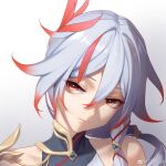  1girl aqua_gemstone artist_name bare_shoulders china_dress chinese_clothes closed_mouth dress fu_hua fu_hua_(phoenix) gradient_background gradient_hair grey_background hair_between_eyes hair_ornament highres honkai_(series) honkai_impact_3rd long_hair looking_at_viewer low-tied_long_hair low_ponytail multicolored_hair partially_shaded_face ponytail red_eyes red_hair red_rope rope shaded_face sleeveless sleeveless_dress solo streaked_hair tdc24 turquoise_(gemstone) white_dress white_hair 