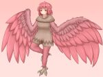  1girl bird_legs blush breasts brown_dress commentary_request dress feathers gradient_background harpy looking_at_viewer medium_breasts medium_hair monster_girl orange_eyes original pink_background pink_feathers pink_hair pink_wings pointy_ears smile solo talons winged_arms wings yumenomimizuku 