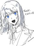  1girl blue_eyes braid collared_shirt commentary greyscale hirako_daishougun monochrome neck_ribbon nervous_sweating open_mouth original ribbon shirt side_braid solo spot_color sweat translation_request upper_body 