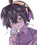  1boy :q ahoge black_hair closed_mouth colored_inner_hair crossed_bangs food gayu_501_(usami_501) gradient_hair hair_between_eyes hairband heart heart_in_eye highres holding holding_ice_cream_cone ice_cream ice_cream_cone kieran_(pokemon) looking_at_viewer male_focus mole mole_on_neck multicolored_hair pokemon pokemon_sv purple_hair short_hair simple_background smile solo star_(symbol) suit symbol_in_eye tongue tongue_out two-tone_hair upper_body white_background yellow_eyes yellow_hairband 