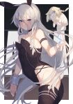  1girl animal_ears arm_support bare_shoulders black_choker black_legwear black_leotard blue_eyes breasts bunny choker closed_mouth commentary cowboy_shot fake_animal_ears fake_tail from_side grey_hair hair_between_eyes ia_(vocaloid) leotard light_frown long_hair looking_at_viewer playboy_bunny rabbit_ears rabbit_tail small_breasts solo standing strapless strapless_leotard tail thighhighs very_long_hair vocaloid voiceroid wrist_cuffs zoruboi 