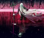  1boy 1girl alucard_(hellsing) artist_name black_hair commentary_request cross different_reflection from_behind hand_on_own_hip hellsing integra_hellsing lake long_coat long_hair reflection reflective_water toshimichi_yukari tree very_long_hair wading web_address white_hair 
