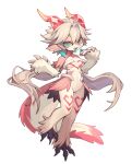  1girl :d absurdres animal_ears blonde_hair blue_eyes blue_tongue body_fur breasts claws colored_tongue crystal_horns dragon_horns earrings fewer_digits floating_hair full_body furry hair_intakes hands_up highres horns jewelry looking_at_viewer navel open_mouth original pink_fur pink_pupils red_horns short_hair_with_long_locks simple_background single_earring smile snout solo standing standing_on_one_leg tachi-e tail talons white_background white_fur zhi_lai_fu 