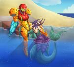 armor avalugg_(artist) beach crown duo female female/female hand_on_hip harbor headgear hi_res human humanoid league_of_legends machine mammal marine merfolk metroid nami_(lol) nintendo power_armor riot_games samus_aran sand sitting split_form water wharf