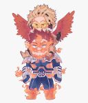  2boys armor black_gloves blonde_hair blue_eyes boku_no_hero_academia boots brown_footwear brown_jacket brown_pants carrying chibi clenched_hands closed_mouth commentary crispyfrites endeavor_(boku_no_hero_academia) english_commentary feathered_wings fire fur-trimmed_jacket fur_trim gloves hawks_(boku_no_hero_academia) jacket male_focus multiple_boys no_nose ok_sign open_mouth pants red_hair red_wings short_hair shoulder_carry simple_background sitting smile spread_wings standing tinted_eyewear vambraces white_background wings yellow-tinted_eyewear 