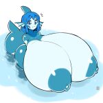 2019 anthro areola big_breasts big_tail blue_body blue_eyes blue_hair breasts female fish gummy_(beepunz) hair hi_res huge_breasts hyper hyper_breasts looking_at_viewer marine multicolored_body nipples partially_submerged shark short_hair simple_background smile solo tail text thehelmetguy watermark