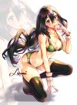  1girl adapted_costume artist_name asui_tsuyu bikini black_hair black_legwear blush boku_no_hero_academia breasts cleavage closed_mouth commentary english_commentary eyebrows_visible_through_hair eyelashes full_body gloves green_bikini green_eyes hair_between_eyes highres kneeling liremi_art long_hair long_tongue looking_at_viewer medium_breasts one_knee signature simple_background smile solo swimsuit thighhighs thighs tied_hair tongue tongue_out watermark web_address white_background white_gloves wrist_cuffs zoom_layer 