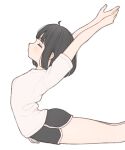  1girl 1ssakawaguchi arched_back arms_up black_hair black_shorts blush bob_cut closed_eyes dolphin_shorts flexible from_side highres ichika_(1ssakawaguchi) original shirt short_hair short_shorts short_sleeves shorts simple_background solo thighs white_background white_shirt 