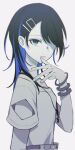  1girl arm_cutout blue_eyes blue_hair collarbone from_side greyscale hair_over_one_eye hand_on_own_chin highres hoshino_ichika_(project_sekai) jewelry long_hair looking_at_viewer monochrome multicolored_hair multiple_bracelets one_eye_covered parted_lips pendant project_sekai ritzchrono shirt short_sleeves sidelocks simple_background solo spot_color streaked_hair teeth two-tone_hair upper_body white_background 