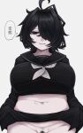  1girl absurdres ahoge asamegasame black_hair black_serafuku black_skirt breasts clothes_lift crop_top hair_intakes hair_over_one_eye half-closed_eyes head_tilt highres large_breasts lifted_by_self long_sleeves looking_at_viewer medium_hair mole mole_on_crotch mole_on_neck mole_on_stomach mole_under_eye mole_under_mouth navel neckerchief nipples original pale_skin parted_lips pubic_hair pubic_hair_peek sailor_collar school_uniform serafuku simple_background skirt skirt_lift solo speech_bubble straight-on translation_request upper_body white_background 