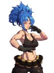  1girl ammunition_belt bangs bare_shoulders belt black_gloves blue_eyes blue_hair breasts clenched_hand earrings gloves highres jewelry leona_heidern mar10 navel ponytail simple_background solo tank_top the_king_of_fighters the_king_of_fighters_xiii triangle_earrings white_background 