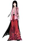  1girl asuzemu belt black_hair blush breasts expressionless full_body hands_in_pockets houraisan_kaguya jacket long_hair pants pink_jacket red_eyes red_pants shirt simple_background small_breasts solo touhou unbuttoned unbuttoned_shirt very_long_hair white_background white_shirt 