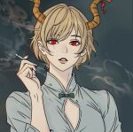  1girl antlers blonde_hair blue_shirt cigarette divadiva548447 dragon_girl dragon_horns holding holding_cigarette horns kicchou_yachie looking_at_viewer open_mouth red_eyes shirt short_hair simple_background smoke smoking touhou 