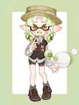  1girl bike_shorts black_footwear black_shorts blush border bow brown_headwear commentary_request fang full_body green_border green_bow green_hair green_socks gun hat hat_bow highres holding holding_gun holding_weapon inkling inkling_girl inkling_player_character lemo_(lemo_4) looking_at_viewer luna_blaster_(splatoon) medium_hair open_mouth outside_border pointy_ears shoes shorts simple_background smile socks solo splatoon_(series) splatoon_3 standing star-shaped_pupils star_(symbol) symbol-shaped_pupils tentacle_hair weapon white_background yellow_eyes 