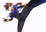  1girl aile_(mega_man_zx) black_bodysuit blue_jacket bodysuit bodysuit_under_clothes breasts brown_hair commentary_request cropped_jacket feet_out_of_frame high_kick jacket kaidou_zx kicking leg_up long_hair mega_man_(series) mega_man_zx mega_man_zx_advent no_pants open_clothes open_jacket outstretched_leg ponytail robot_ears short_sleeves simple_background small_breasts solo white_background 