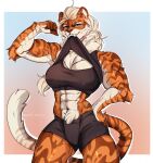 abs anthro biceps big_breasts blue_eyes breasts clothed clothing felid female fingerless_(marking) flexing fur galdway hair hi_res mammal muscular muscular_anthro muscular_female orange_body orange_fur pantherine simple_background solo standing striped_body stripes teeth tiger topwear white_body white_fur yellow_body yellow_fur