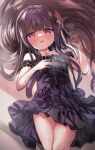  1girl artina bare_shoulders black_dress black_hair blush breasts commentary_request dress flower hair_flower hair_ornament hair_spread_out highres long_hair looking_at_viewer lying on_back open_mouth original purple_eyes small_breasts solo sweat very_long_hair 