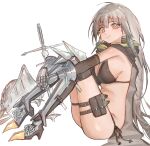  1girl absurdres arknights armor armored_boots bikini boots bright_pupils cape fartooth_(arknights) from_side full_body gauntlets grey_hair highres hugging_own_legs kaguura_(kagu) leg_armor legband long_hair looking_at_viewer planted planted_sword side-tie_bikini_bottom simple_background sitting skindentation smile solo swimsuit sword thigh_boots unworn_headwear weapon white_background white_pupils yellow_eyes 