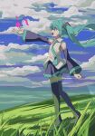  1girl :d arm_at_side asa_(o0_asa_0o) bare_shoulders black_footwear black_skirt black_sleeves blue_eyes blue_hair blue_necktie blue_sky boots cloud cloudy_sky collared_shirt day detached_sleeves floating_hair from_side full_body grass hair_ornament hatsune_miku highres hill landscape long_sleeves looking_ahead miniskirt mountainous_horizon nature necktie number_tattoo open_hand open_mouth outdoors outstretched_arm pleated_skirt profile shirt sidelocks skirt sky sleeveless sleeveless_shirt smile solo tattoo thigh_boots tie_clip twintails vocaloid white_shirt wind zettai_ryouiki 