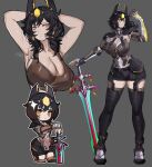  1girl armor armpits arms_behind_head arms_up belt black_belt black_hair black_thighhighs boots breasts brown_shirt chibi cleavage closed_mouth cropped_legs cropped_torso full_body grey_background hand_up headgear highres holding holding_weapon large_breasts looking_at_viewer medium_hair mole mole_on_arm multiple_views original outline shirt shorts simple_background sports_bra standing sweat sword tank_top thighhighs tomatolover16 weapon white_outline yellow_eyes 