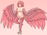  1girl bird_legs blush breasts colored_pubic_hair commentary_request feathers female_pubic_hair gradient_background harpy looking_at_viewer medium_breasts medium_hair monster_girl nipples nude open_mouth orange_eyes original pink_background pink_feathers pink_hair pink_pubic_hair pink_wings pointy_ears pubic_hair pussy solo talons winged_arms wings yumenomimizuku 