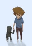  absurd_res anthro bandai_namco blackagumon brown_hair claws clothing digimon digimon_(species) duo green_eyes hair hand_holding hi_res hoodie human male mammal mmsnowf2 taichi_kamiya topwear 