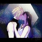  1boy 1girl bare_shoulders black_hair blonde_hair breasts closed_eyes cloud_strife collarbone commentary couple crop_top final_fantasy final_fantasy_vii final_fantasy_vii_rebirth final_fantasy_vii_remake fireworks from_side hand_on_another&#039;s_shoulder hetero highres kiss light_blush long_hair medium_breasts night night_sky short_hair sidelocks sky sleeveless sleeveless_turtleneck spiked_hair star_(sky) starry_sky suspenders sweater swept_bangs tank_top tifa_lockhart toa_ot turtleneck turtleneck_sweater upper_body white_tank_top 