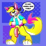 anthro big_feet canid canine clothed clothing digitigrade feet furry genitals goo_(disambiguation) hat headgear headwear male mammal nsfw pantsless penis pornography speech_bubble text yellow_body