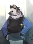 2022 anthro arknights black_hair clothing collar ear_piercing electronics eyebrow_piercing facial_piercing fingerless_gloves fur gloves grey_body grey_fur hair handwear headphones hyena hypergryph kannepaz looking_at_viewer male mammal piercing riot_shield solo spot_(arknights) spotted_hyena studio_montagne uniform