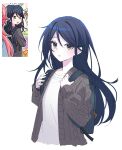  2girls :o absurdres backpack bag black_cardigan black_eyes blue_hair blush cable_knit cardigan collarbone cropped_torso hair_between_eyes hands_on_own_chest highres hoshino_ichika_(project_sekai) long_hair long_sleeves looking_at_viewer momoi_airi multiple_girls open_cardigan open_clothes open_mouth out_of_frame parted_bangs project_sekai reference_inset ritzchrono shirt sidelocks simple_background solo_focus straight_hair white_background white_shirt 