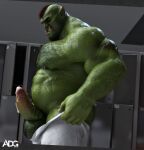 ad-games balls biceps bodily_fluids cum facial_piercing fangs genital_fluids genitals green_body green_skin hi_res humanoid humanoid_pointy_ears male nipples nose_piercing nose_ring orc pecs penis piercing ring_piercing solo teeth