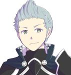  1boy armor black_armor collared_cape fire_emblem fire_emblem_fates green_eyes grey_hair karaage_nami looking_at_viewer male_focus portrait quiff shoulder_armor silas_(fire_emblem) solo 