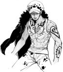  1boy abs arm_tattoo cape chest_tattoo chief_(chiefvinsmoke) denim earrings facial_hair fur_cape fur_hat goatee hat jeans jewelry long_sideburns looking_at_viewer male_focus monochrome nipples one_piece pants pectorals see-through shirt short_hair shoulder_tattoo sideburns sketch solo tank_top tattoo teeth trafalgar_law v-shaped_eyebrows wet wet_clothes wet_shirt yellow_eyes 