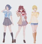  3girls absurdres ahoge black_socks blonde_hair blue_hair blue_shirt blush boots breasts brown_footwear brown_hair commentary_request denim denim_shorts full_body grey_skirt hayami_kanade highres ichinose_shiki idolmaster idolmaster_cinderella_girls knee_boots kneehighs loafers looking_at_viewer medium_breasts miyamoto_frederica multiple_girls navel off-shoulder_shirt off_shoulder pleated_skirt qingli_ye school_uniform shirt shoes short_hair shorts simple_background skirt smile socks standing tachi-e white_shirt 