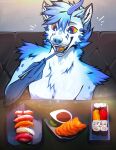  2022 angiewolf anthro canid canine chair chopsticks claws eating food fox fur furniture hair happy horn inside male mammal open_mouth open_smile sauce sitting smile solo sushi table teeth tongue tuft wasabi 