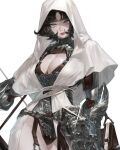  1girl armor belt black_hair breasts capelet cleavage cleavage_cutout closed_mouth clothing_cutout cowboy_shot garter_straps gauntlets grey_eyes highres holding holding_weapon hood hood_up ibu0024 large_breasts leotard lips looking_at_viewer original short_hair simple_background solo sword weapon white_background 